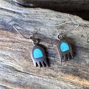 Vintage Bear Paw Sterling Silver Turquoise Inlay Dangle Earrings 3.15g